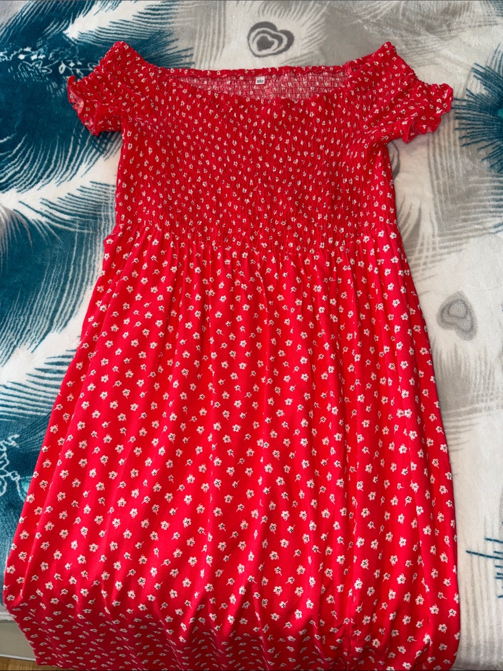 Women’s Red Floral Maxi Dress with Smocked Bodice